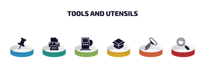Poster - tools and utensils infographic element with filled icons and 6 step or option. tools and utensils icons such as tack save button, blank paper printer, fuel oil bomb service, open black box, auger,