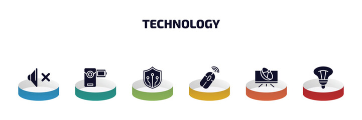 Poster - technology infographic element with filled icons and 6 step or option. technology icons such as no audio, little camcorder, shields, wireless mouse, tv and satellite, bulb vector.