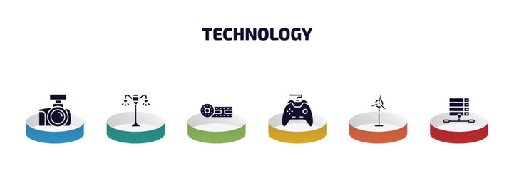 Poster - technology infographic element with filled icons and 6 step or option. technology icons such as cam with big len, lamp post, horizontal film strip, big joystick, eolic, file storage vector.