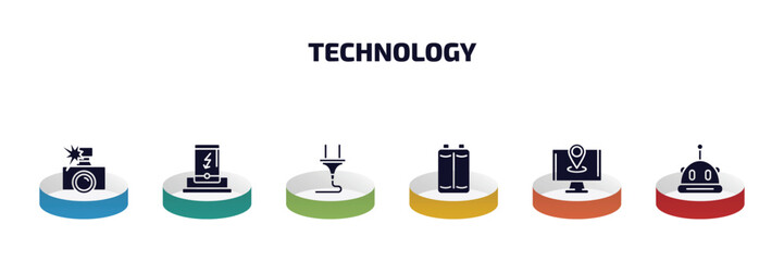 Poster - technology infographic element with filled icons and 6 step or option. technology icons such as photo camera flash, dock, power plug, baterry, holiday, science fiction vector.