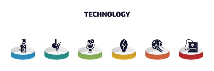 Poster - technology infographic element with filled icons and 6 step or option. technology icons such as reflex photo camera, spotlights, microphone mute, electric, news via satellite, 3d printers vector.