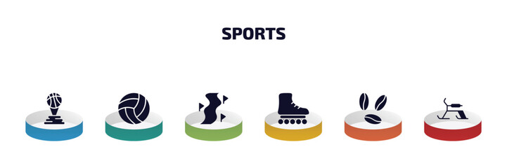 Poster - sports infographic element with filled icons and 6 step or option. sports icons such as basketball champion, volleyball ball, slalom, roller skate, brazilian, skibob vector.