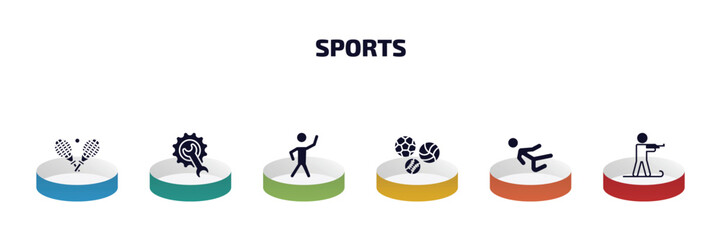 Poster - sports infographic element with filled icons and 6 step or option. sports icons such as tennis game, equipment, stretching, balls, karate fighter, biathlon vector.