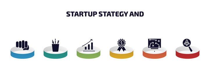 Poster - startup stategy and infographic element with filled icons and 6 step or option. startup stategy and icons such as fist, stationery, grow, first, strategy sketch, startup project search vector.