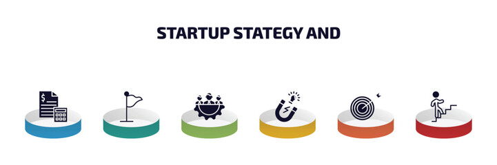 Poster - startup stategy and infographic element with filled icons and 6 step or option. startup stategy and icons such as budget, success flag, management, idea magnet, mission, career ladder vector.