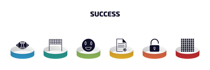 Poster - success infographic element with filled icons and 6 step or option. success icons such as strategic vision, finish line, happiness, project, open padlock, chess board vector.