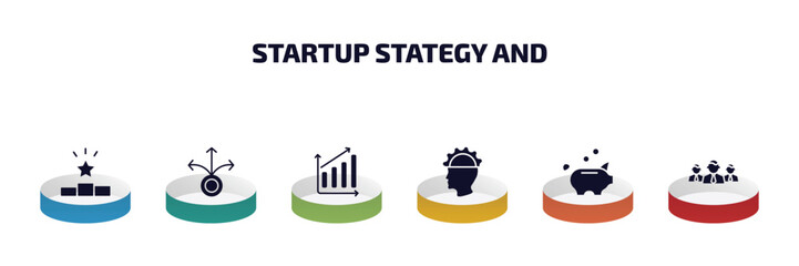 Poster - startup stategy and infographic element with filled icons and 6 step or option. startup stategy and icons such as pedestal, decision, profits, experience, piggybank, team vector.