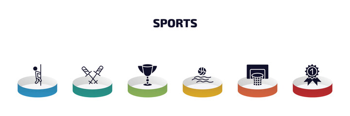 Poster - sports infographic element with filled icons and 6 step or option. sports icons such as climber, ski poles, football cup, waterpolo, basketball basket, golden medal vector.