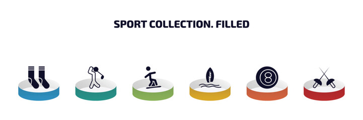 Poster - sport collection. filled infographic element with filled icons and 6 step or option. sport collection. filled icons such as long socks, golf player, snowboarding, surf, ball pool, fencing vector.