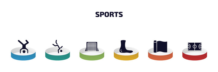 Poster - sports infographic element with filled icons and 6 step or option. sports icons such as breakdance, capoeira, hockey goal, ankle, foil, basketball court vector.