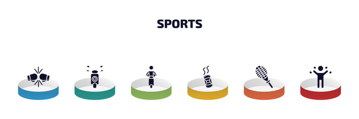 Poster - sports infographic element with filled icons and 6 step or option. sports icons such as two boxing gloves, motor sports, motorbike riding, drift car, squash, excersice vector.