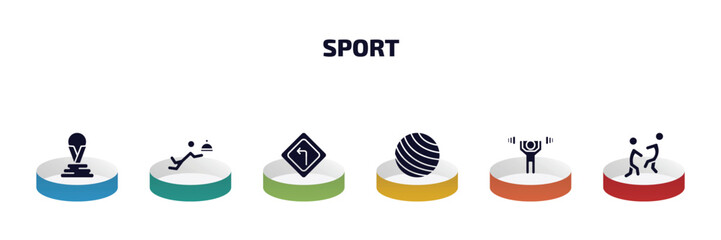 Poster - sport infographic element with filled icons and 6 step or option. sport icons such as world cup, waiter falling, left bend, exercise ball, weight lifting, aikido vector.