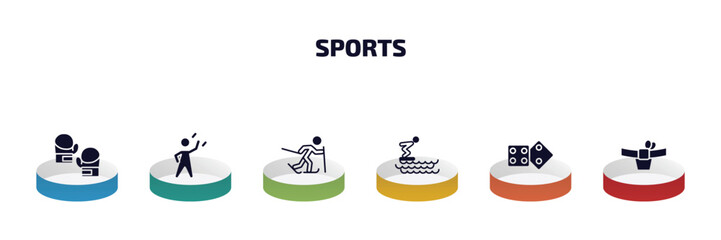 Poster - sports infographic element with filled icons and 6 step or option. sports icons such as boxing gloves, dumbbell for training, skier skiing, swimming jump, board gaming, mawashi vector.