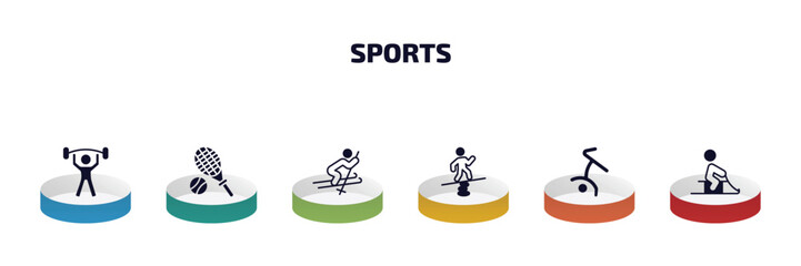 Poster - sports infographic element with filled icons and 6 step or option. sports icons such as exercise gym, tennis, skiing, man balancing, breakdancing dancer, person riding on sleigh vector.