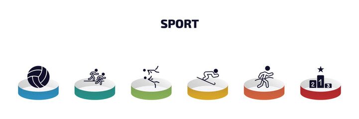 Poster - sport infographic element with filled icons and 6 step or option. sport icons such as volleyball, running a race, two judo fighters, skiing down hill, marathon champion, podium vector.