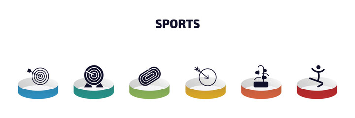 Poster - sports infographic element with filled icons and 6 step or option. sports icons such as dartboard and dart, archery, running track, ball arrow, wing chun, jumping dancer vector.