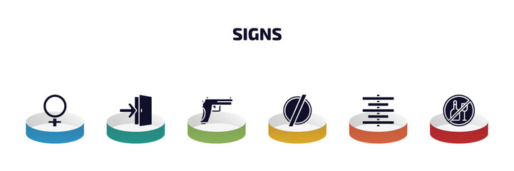 Poster - signs infographic element with filled icons and 6 step or option. signs icons such as female, exit right arrow, gun, empty, align center, drink vector.