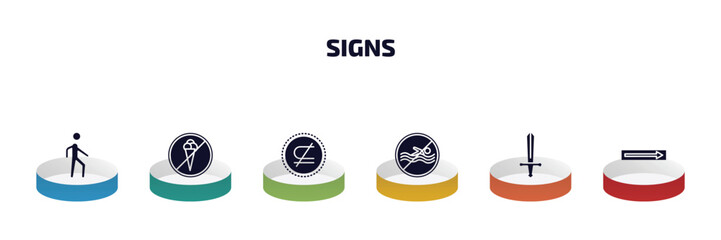 Poster - signs infographic element with filled icons and 6 step or option. signs icons such as pedestrian, no ice cream, is not a sub, no swimming, weapon, one way vector.