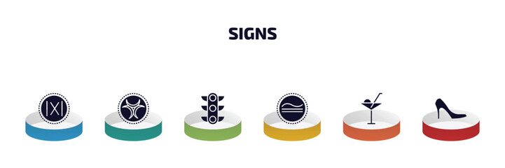 Poster - signs infographic element with filled icons and 6 step or option. signs icons such as absolute, toxic waste, traffic, is congruent to, drinks, high heels vector.