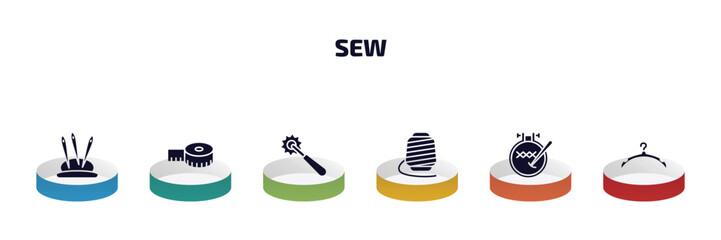 Poster - sew infographic element with filled icons and 6 step or option. sew icons such as pin holder, tape, overstitch, spool, embroidery hoop, clothes hanger vector.