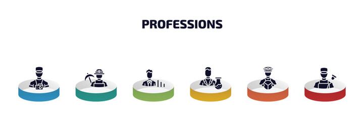 Poster - professions infographic element with filled icons and 6 step or option. professions icons such as photographer, miner, statistician, scientist, driver, electrician vector.