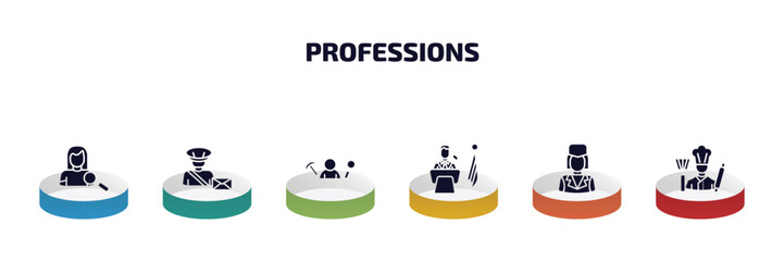 Aufkleber - professions infographic element with filled icons and 6 step or option. professions icons such as hr specialist, postman, archeologist, president, stewardess, cooker vector.