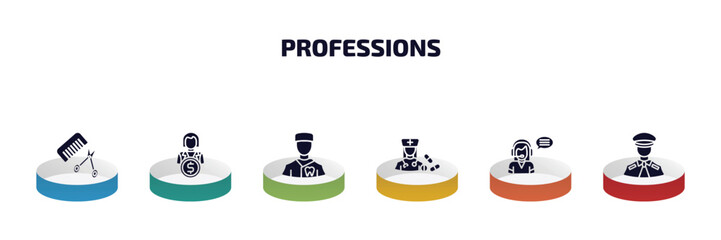 Poster - professions infographic element with filled icons and 6 step or option. professions icons such as ha