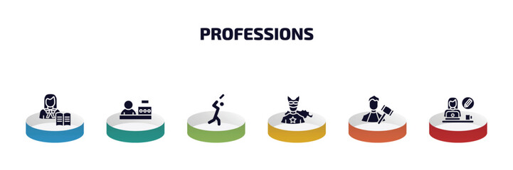 Poster - professions infographic element with filled icons and 6 step or option. professions icons such as teacher, cashier, cricket player, superhero, judge, graphic de vector.