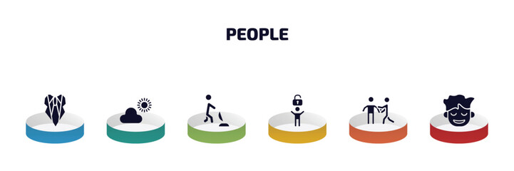 Poster - people infographic element with filled icons and 6 step or option. people icons such as elegance, weathercaster, man vacuuming, man with open lock, help the elderly, relieved smile vector.