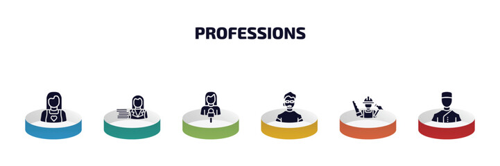 Poster - professions infographic element with filled icons and 6 step or option. professions icons such as baby sitter, librarian, journalist, bouncer, carpenter, concierge vector.