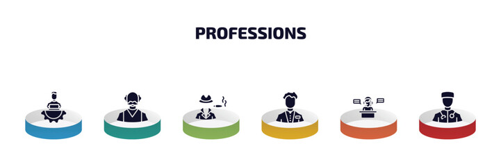 Poster - professions infographic element with filled icons and 6 step or option. professions icons such as it manager, pensioner, mafia, clerk, secretary, surgeon vector.
