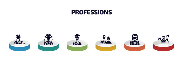 Poster - professions infographic element with filled icons and 6 step or option. professions icons such as detective, hunter, graduated, waiter, nun, singer vector.