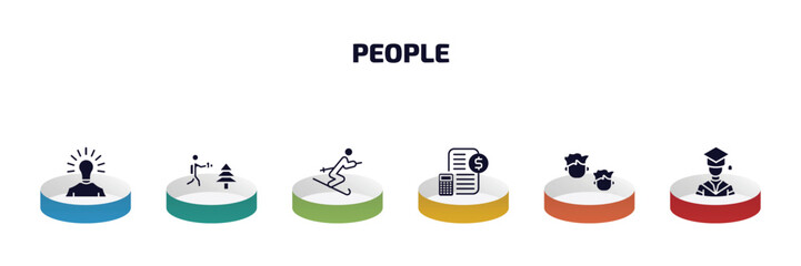 Poster - people infographic element with filled icons and 6 step or option. people icons such as man with idea, photographer working, ski stick man, book keeper, heads, graduating boy vector.