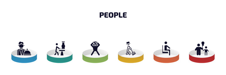 Poster - people infographic element with filled icons and 6 step or option. people icons such as waiter working, sculptor working, pulling hair, farmer working, sit down, man child and balloons vector.