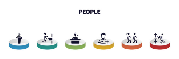 Poster - people infographic element with filled icons and 6 step or option. people icons such as man giving a speech, man shaving, leader speech, patien, children in school, plumber working vector.