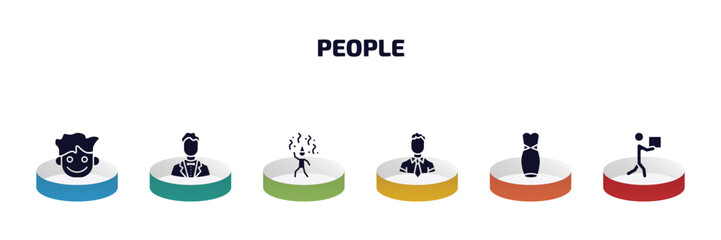 Poster - people infographic element with filled icons and 6 step or option. people icons such as happy smile, bestman, man partying, ceo man, women dress, men carrying a box vector.