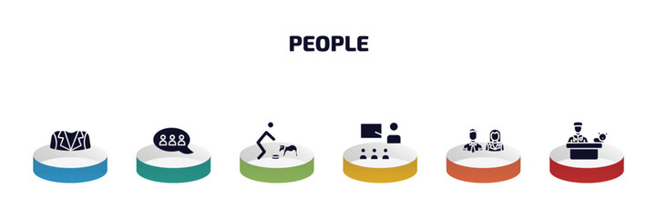 Poster - people infographic element with filled icons and 6 step or option. people icons such as women suit, chat group, feeding a dog, classes, woman and man partners, vet with cat vector.