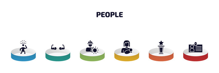 Poster - people infographic element with filled icons and 6 step or option. people icons such as woman carrying, biceps of a man, layer working, breastfeeding, cinema award, identification pass vector.