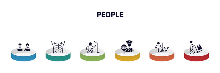 Poster - people infographic element with filled icons and 6 step or option. people icons such as students, torso, man knocking a door, traffic police, landkeeper, worker loading vector.
