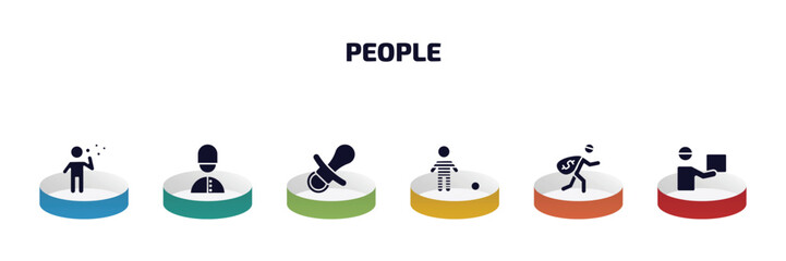Aufkleber - people infographic element with filled icons and 6 step or option. people icons such as man making soap bubbles, queens guard, baby pacifier, war prisioner, steal, curier vector.