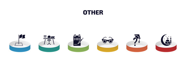 Poster - other infographic element with filled icons and 6 step or option. other icons such as milestone, studying zone, paper list and a pencil, vintage eyeglasses, graduation's questions, mosque moon and