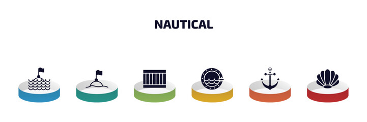 Poster - nautical infographic element with filled icons and 6 step or option. nautical icons such as sea flag, buoys, big crate, porthole, big anchor, big shell vector.