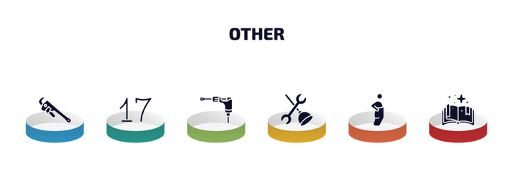 Poster - other infographic element with filled icons and 6 step or option. other icons such as pipe wrench, seventeen, tattoo hine, plumbering, sack race, speell book vector.