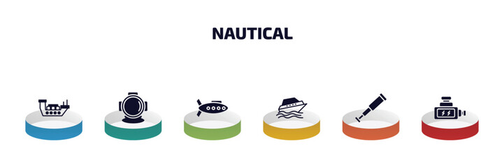 Poster - nautical infographic element with filled icons and 6 step or option. nautical icons such as oil tanker ship, aqualung, submarine, cruise ship, nautical monocular, ship engine vector.