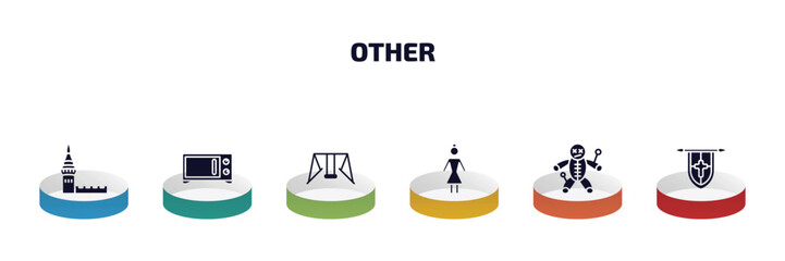 Poster - other infographic element with filled icons and 6 step or option. other icons such as kremln, microvawe, swing game, japanese demon, voodoo puppet, blazon vector.