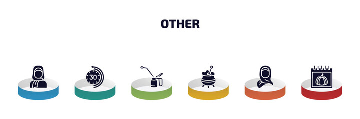 Poster - other infographic element with filled icons and 6 step or option. other icons such as arab woman with hijab, the 30 minutes, oil can, caudron, woman with hijab, pumpkin calendar vector.