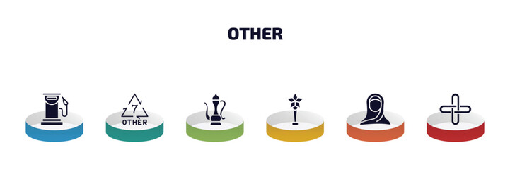 Poster - other infographic element with filled icons and 6 step or option. other icons such as fuel service, 7 other, arabic jar, star prize, araba woman, interlock vector.