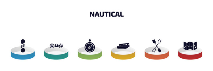 Poster - nautical infographic element with filled icons and 6 step or option. nautical icons such as knot, binocular, compass inclined, speed boat facing right, double paddle, treasure map vector.
