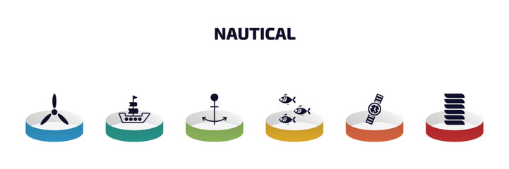 Poster - nautical infographic element with filled icons and 6 step or option. nautical icons such as propeller, frigate, sailor, fishes, water resist watch, rope knot vector.