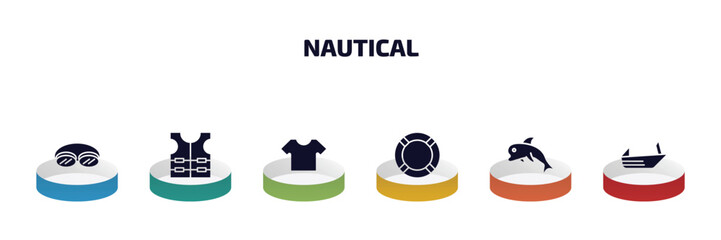 Poster - nautical infographic element with filled icons and 6 step or option. nautical icons such as swin goggle, vest, shirt, lifesaver, dolphin, roofless speed boat vector.